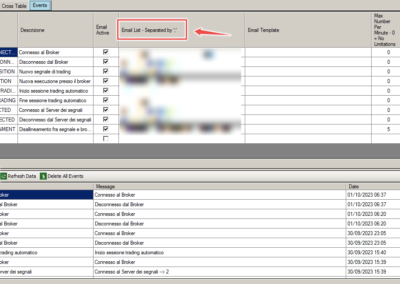 Events configuration panel